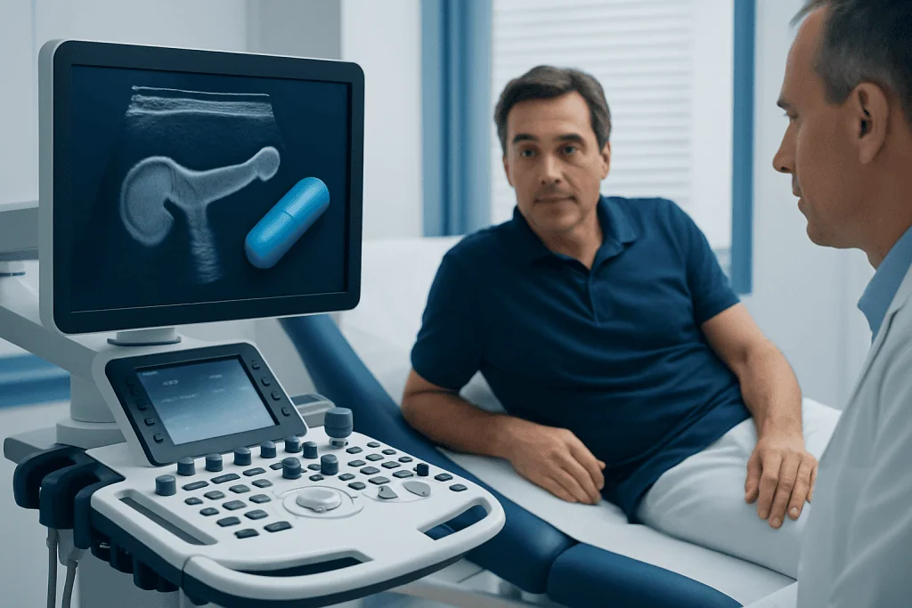 Urologist explains ultrasound scan to patient in a medical consultation.