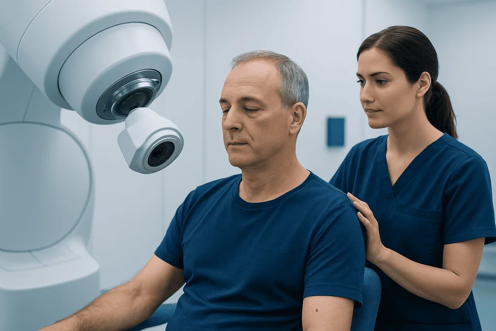 Medical professional preparing patient for melanoma treatment at Acibadem Hospital.