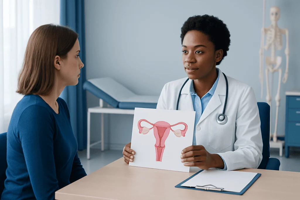 Gynecologist explaining uterine health to a patient with a model of female reproductive system.