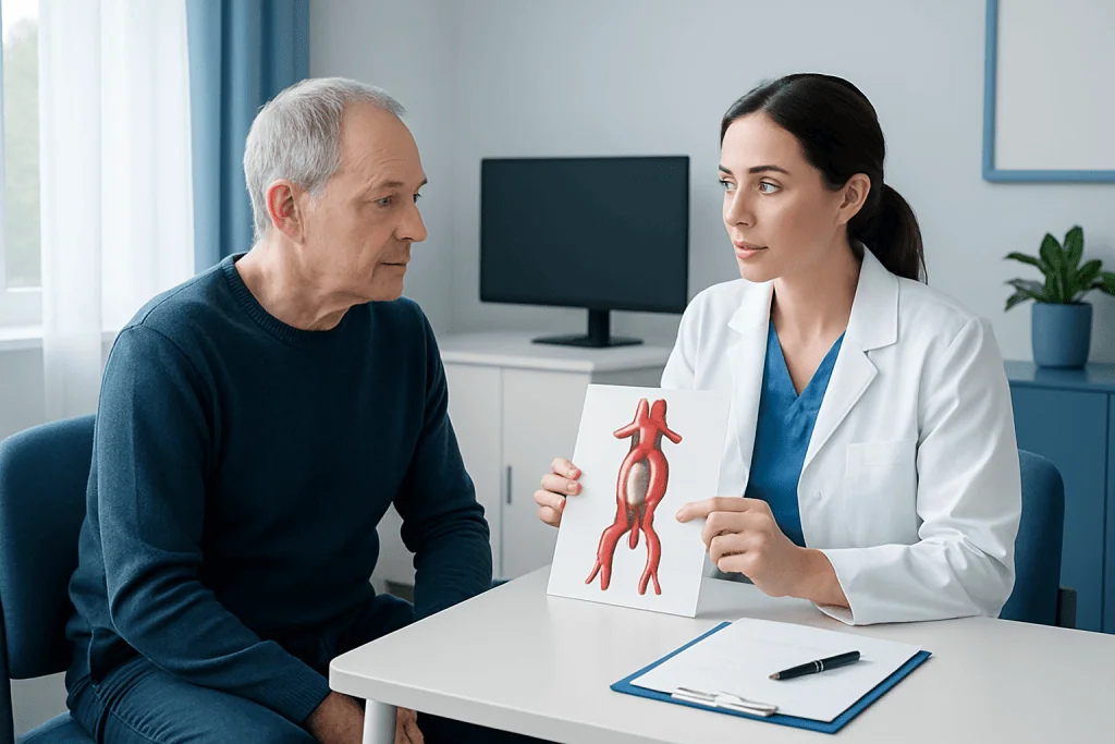 Doctor explaining vascular anatomy to an elderly patient in a consultation room.