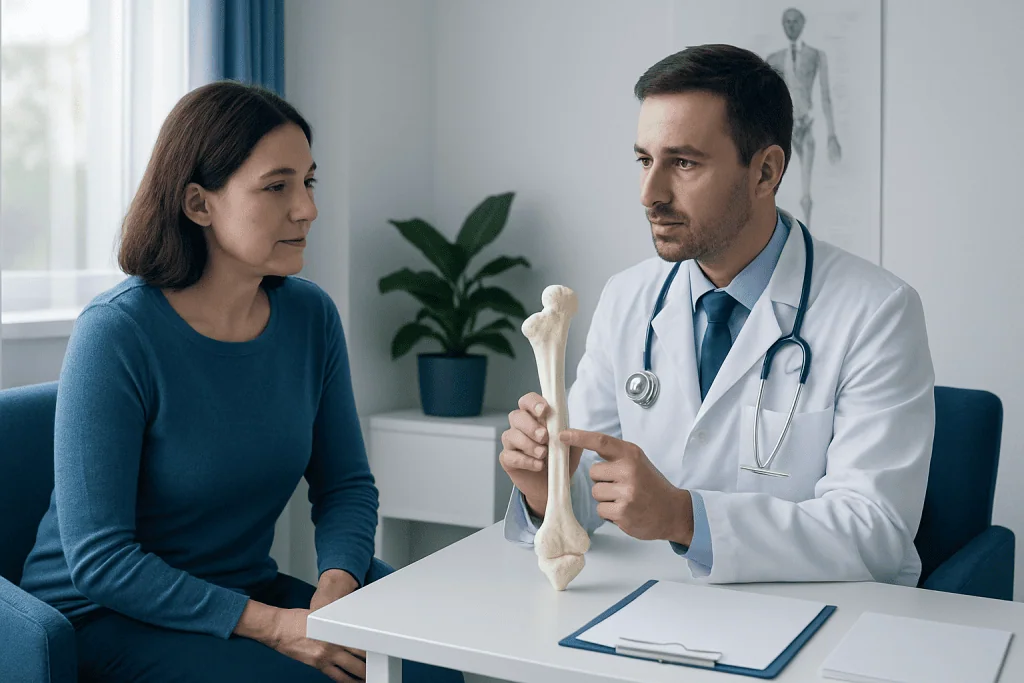 Orthopedic doctor explaining bone health to a patient with a model of a femur.