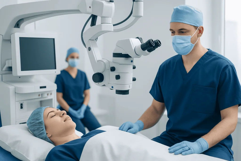 Surgeon performing excision surgery with advanced microscope in hospital.