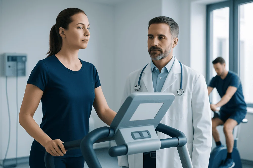 Doctor and patient discussing exercise equipment in hospital setting.