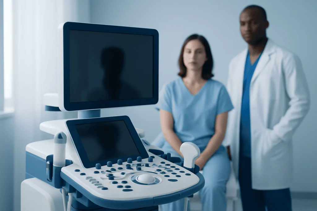 Medical ultrasound machine with healthcare professionals in the background.