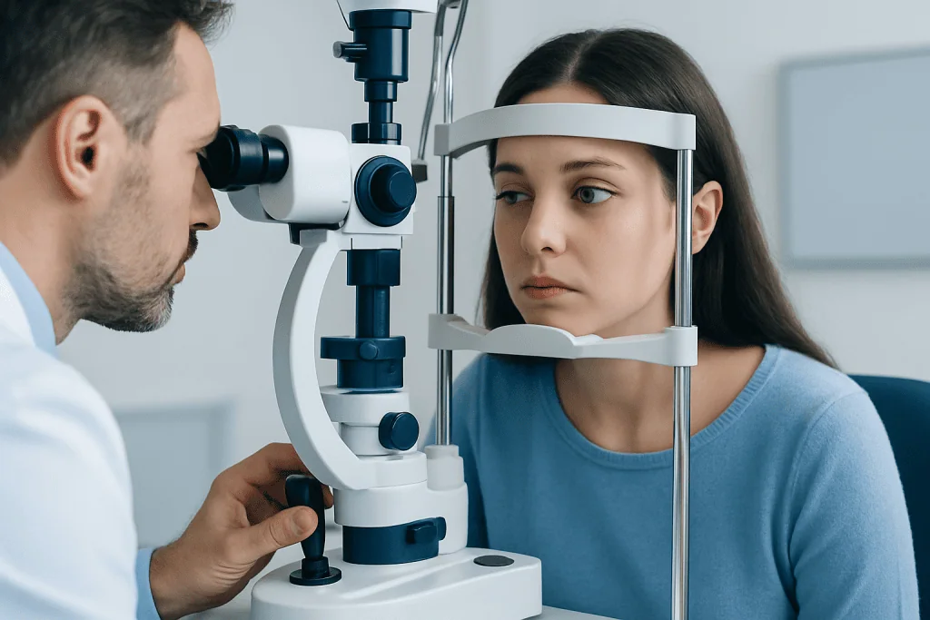 Optometrist examining patient's eyes with slit lamp in clinic.