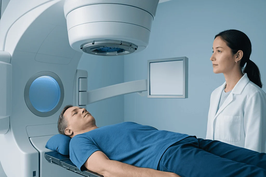 Patient undergoing radiation therapy in a modern medical facility.