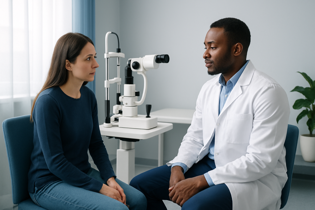 Optometrist examines patient's eyes during an eye check-up at Acibadem Hospital.
