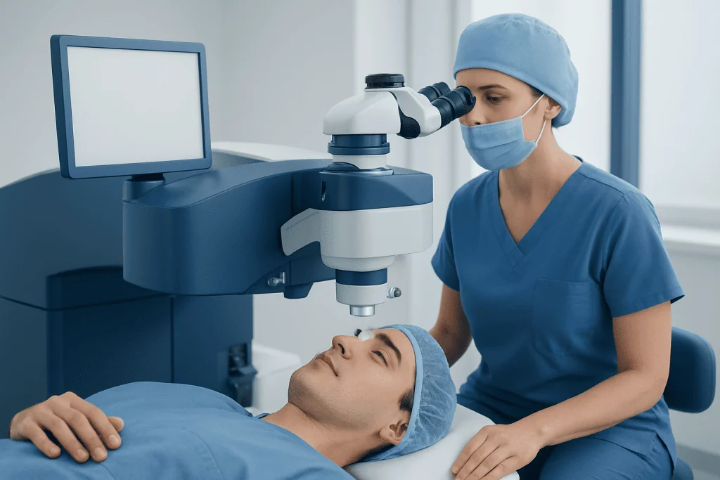 Ophthalmologist performing eye examination with a microscope at Acibadem Hospital.