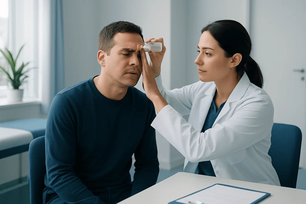 Doctor performing eye examination on male patient in clinic setting.