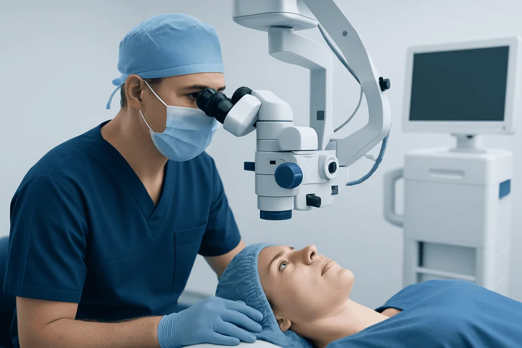Ophthalmologist performing eye surgery with microscope at hospital.