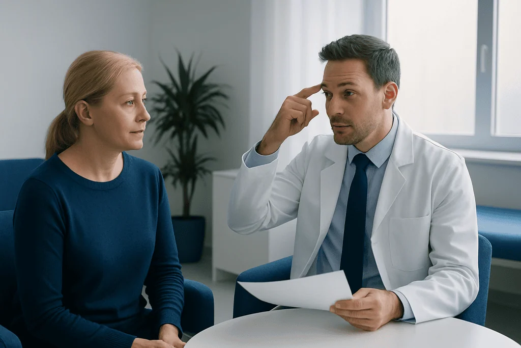 Doctor consulting with a patient about eyelid surgery options at Acibadem Hospitals.