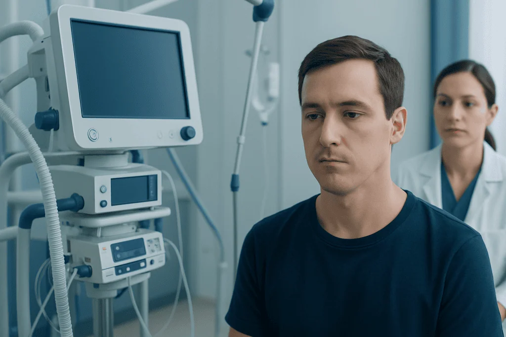 Patient in hospital room with medical monitors and healthcare professionals.