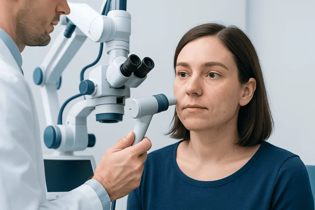 Dermatologist examining a woman's face with a magnifying device.