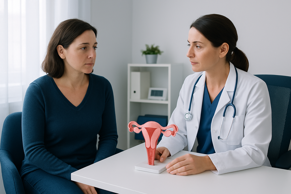 Doctor explaining fallopian tube removal to patient with model uterus.