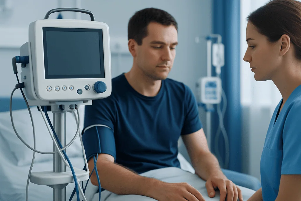 Patient undergoing medical examination in hospital setting.