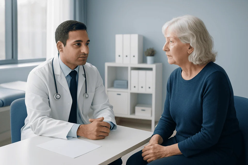 Doctor consulting with elderly woman in a medical office.
