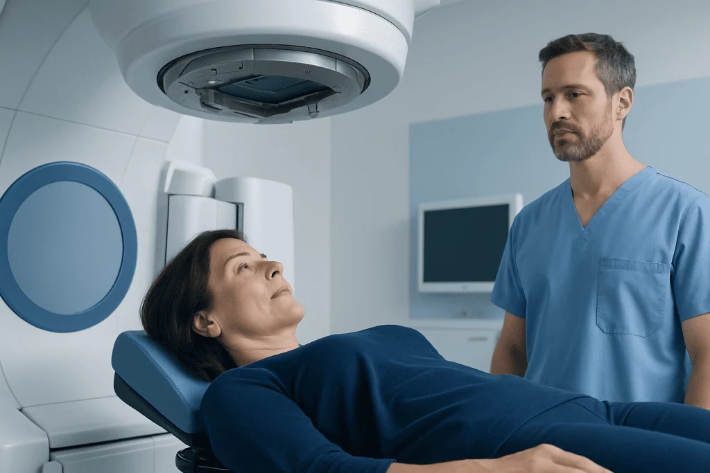 Patient undergoing a medical scan in a hospital setting.