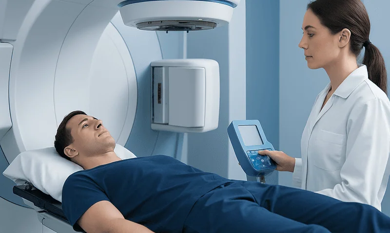Patient undergoing MRI scan at Acibadem Hospital for cancer diagnosis.