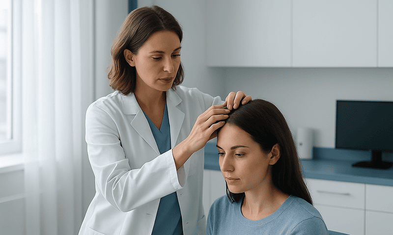 Doctor examining patient's scalp in a clinical setting.