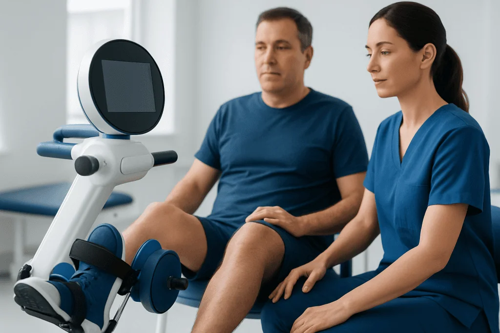 Physical therapy session with a patient using a robotic leg device at Acibadem Hospitals.