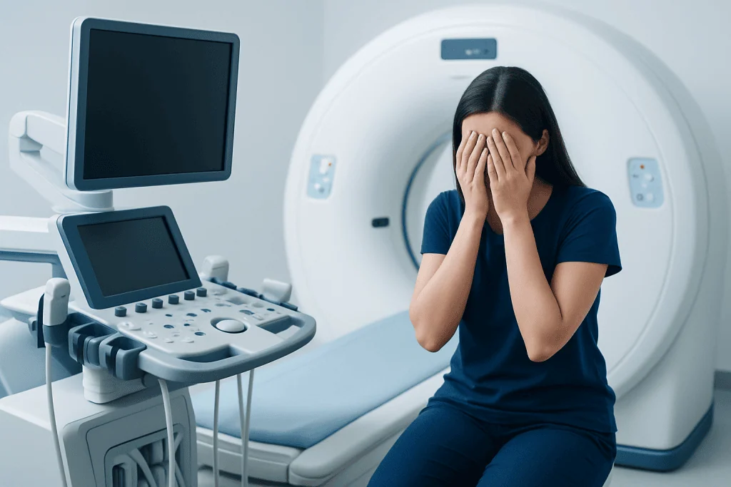 An anxious woman sitting in an MRI scanner room covering her face.