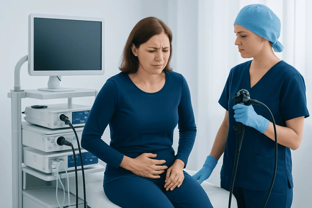 Doctor performing a medical procedure on a patient in a clinical setting.