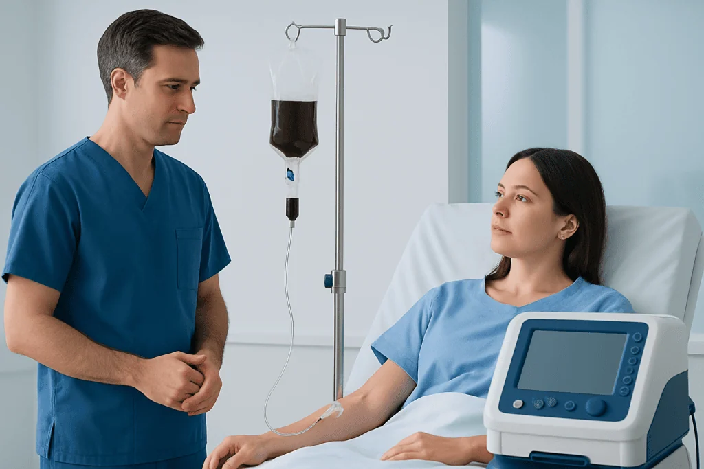 Doctor monitoring patient receiving IV therapy in hospital room.
