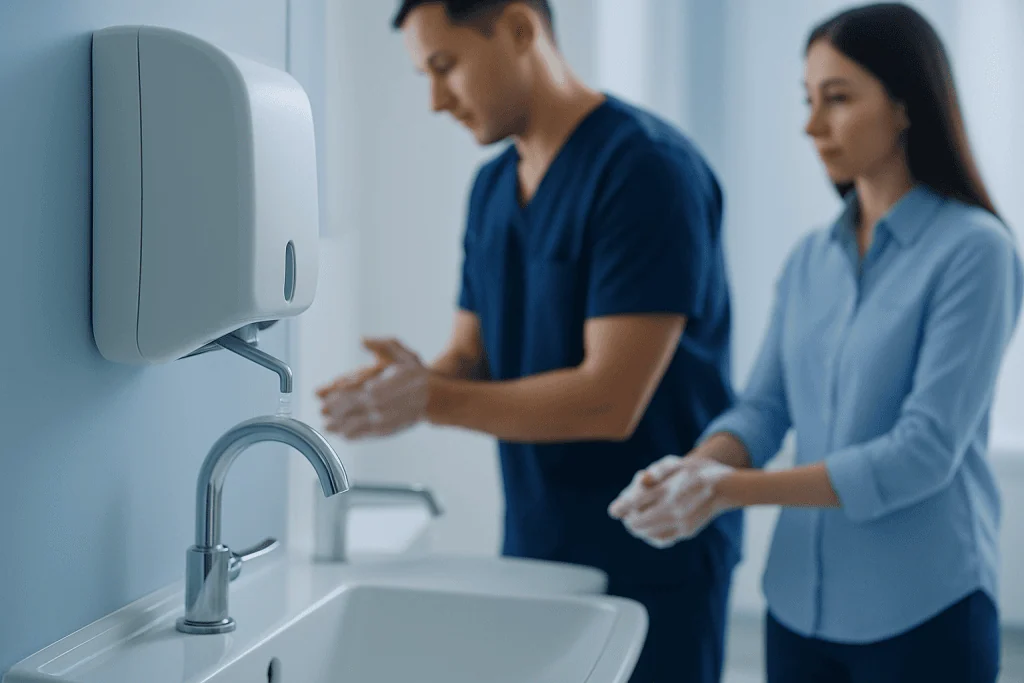 Healthcare professionals washing hands in a clinical setting.