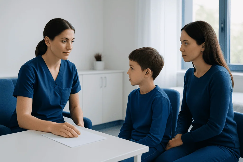 Child in therapy session with healthcare professionals at Acibadem Hospital.