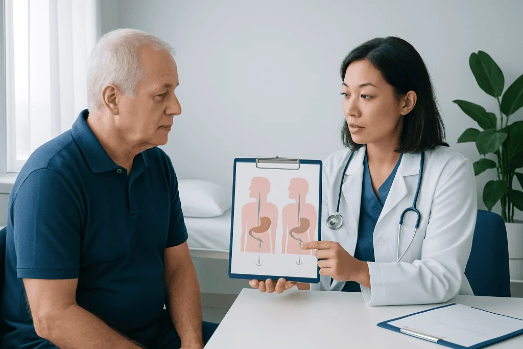 Doctor explains gastrostomy options to patient with diagram of stomachs.