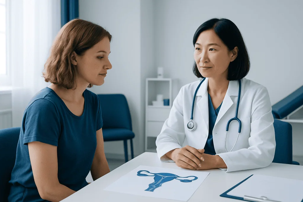 Doctor consulting with a patient about female reproductive health.