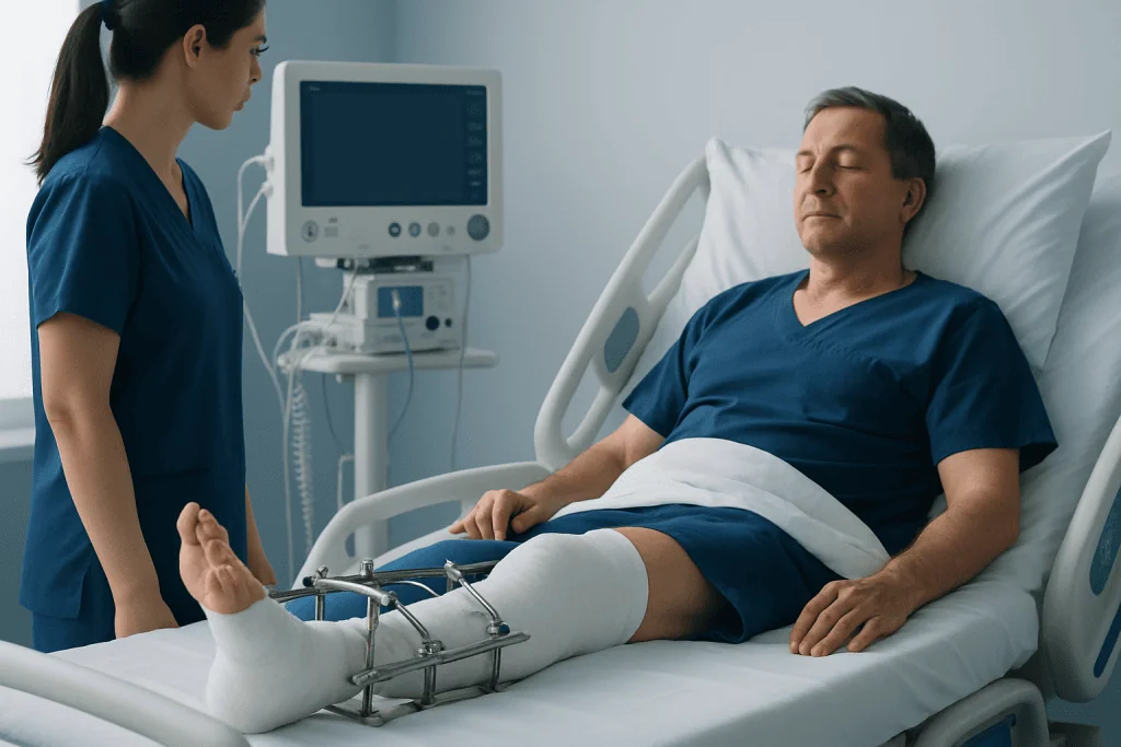 Patient with a broken leg in a hospital bed receiving medical care.