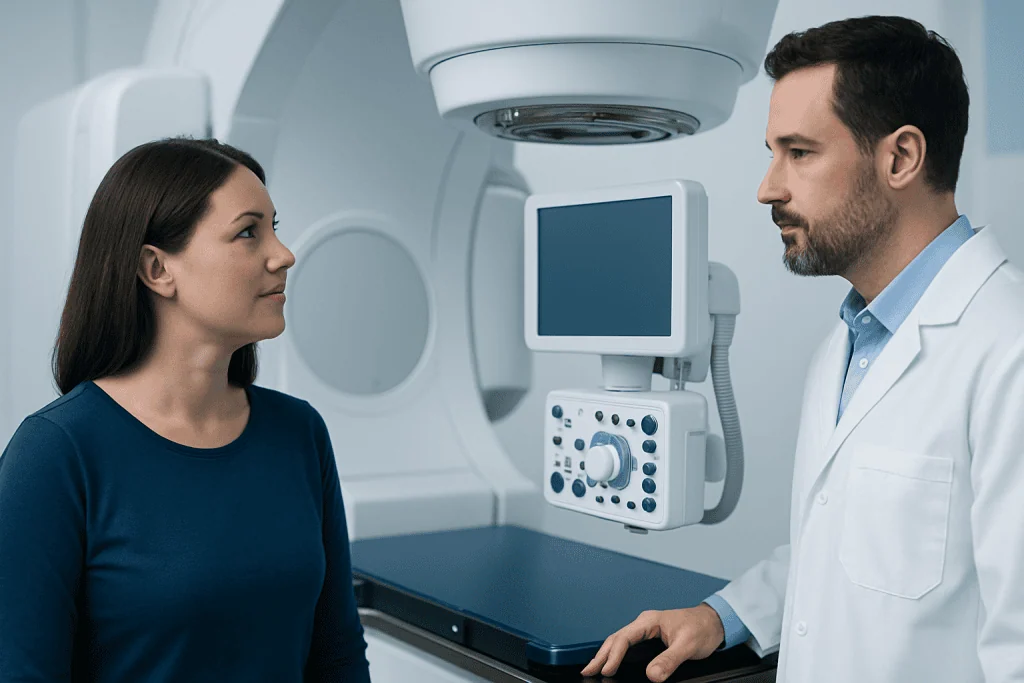 Medical consultation in a modern hospital imaging room with MRI scanner.