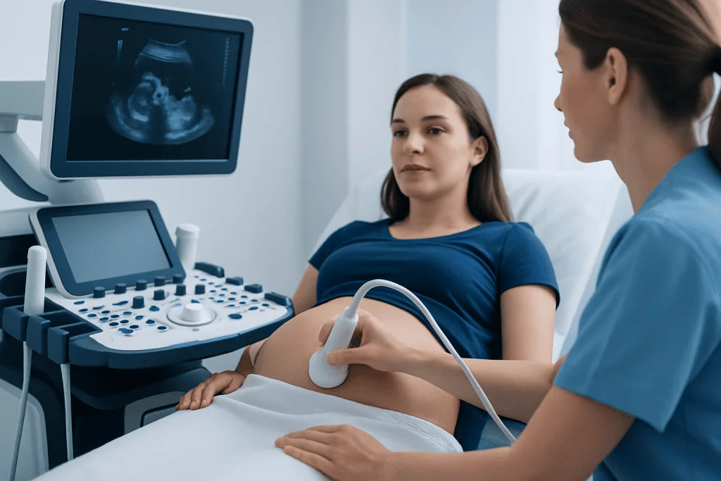 Pregnant woman undergoing ultrasound scan in a medical clinic.