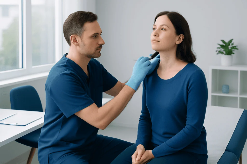 Doctor examining patient's neck for thyroid issues in a clinical setting.