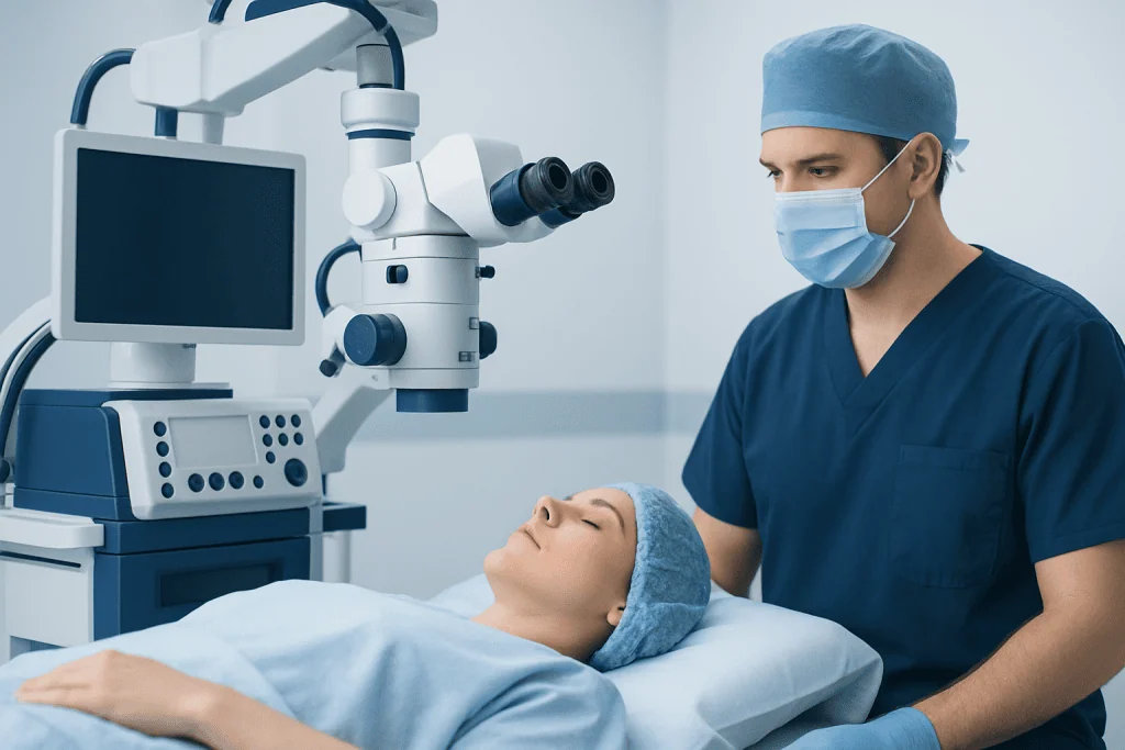 Surgeon performing flap surgery with advanced medical equipment in a hospital.
