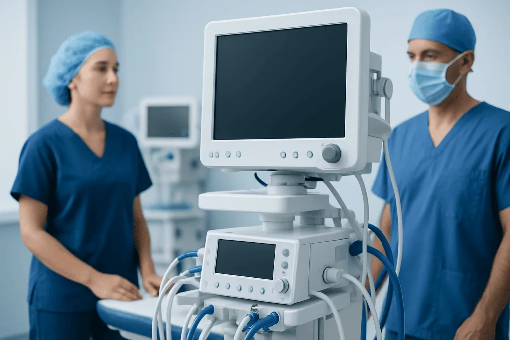 Medical professionals operating advanced patient monitoring equipment in hospital.