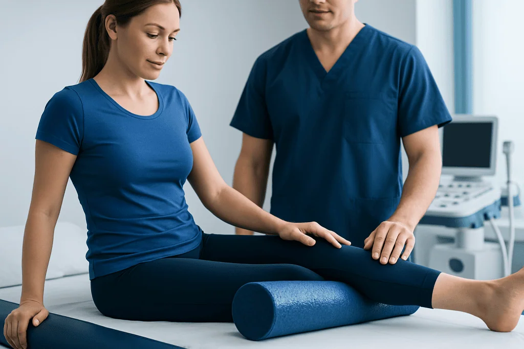 Physical therapist assists patient with foam roller for fascia release therapy.