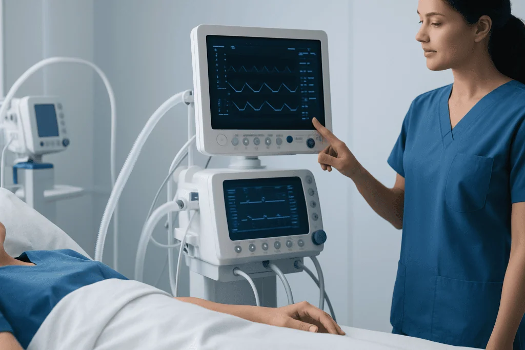 Healthcare professional monitoring patient with medical devices in hospital.