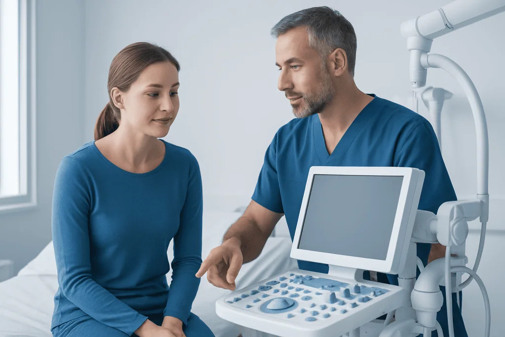Doctor explaining ultrasound results to a patient in a hospital room.