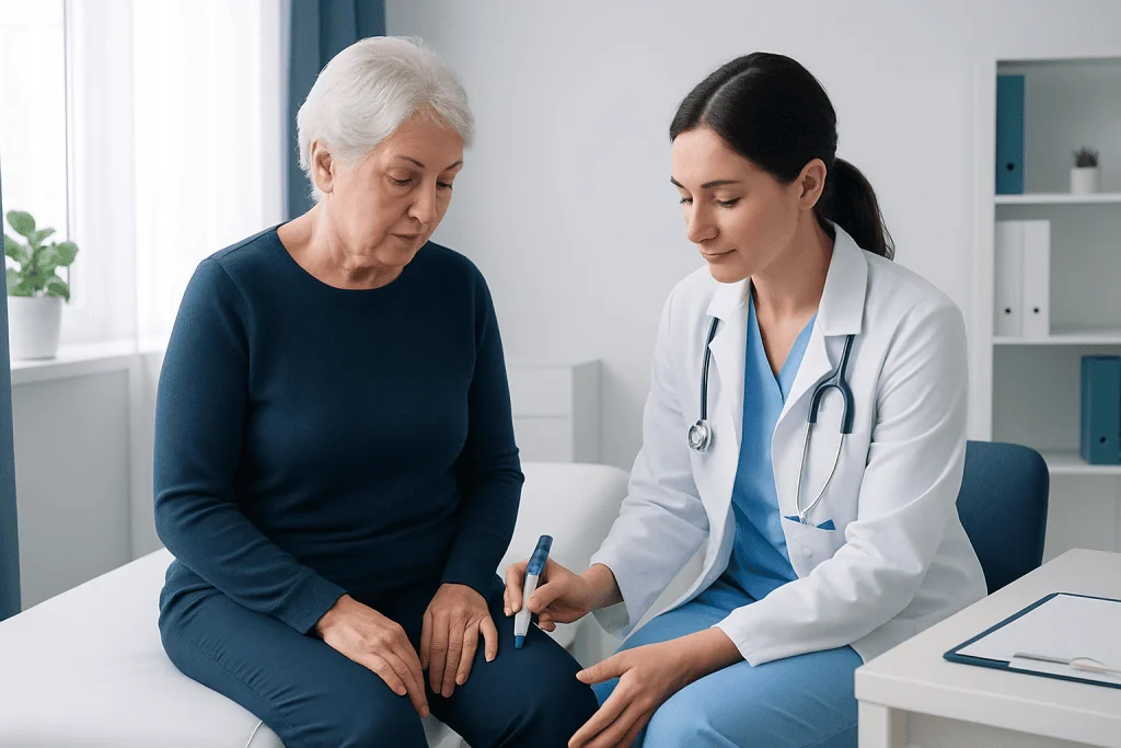 Doctor explaining medication to elderly woman in a clinical setting.
