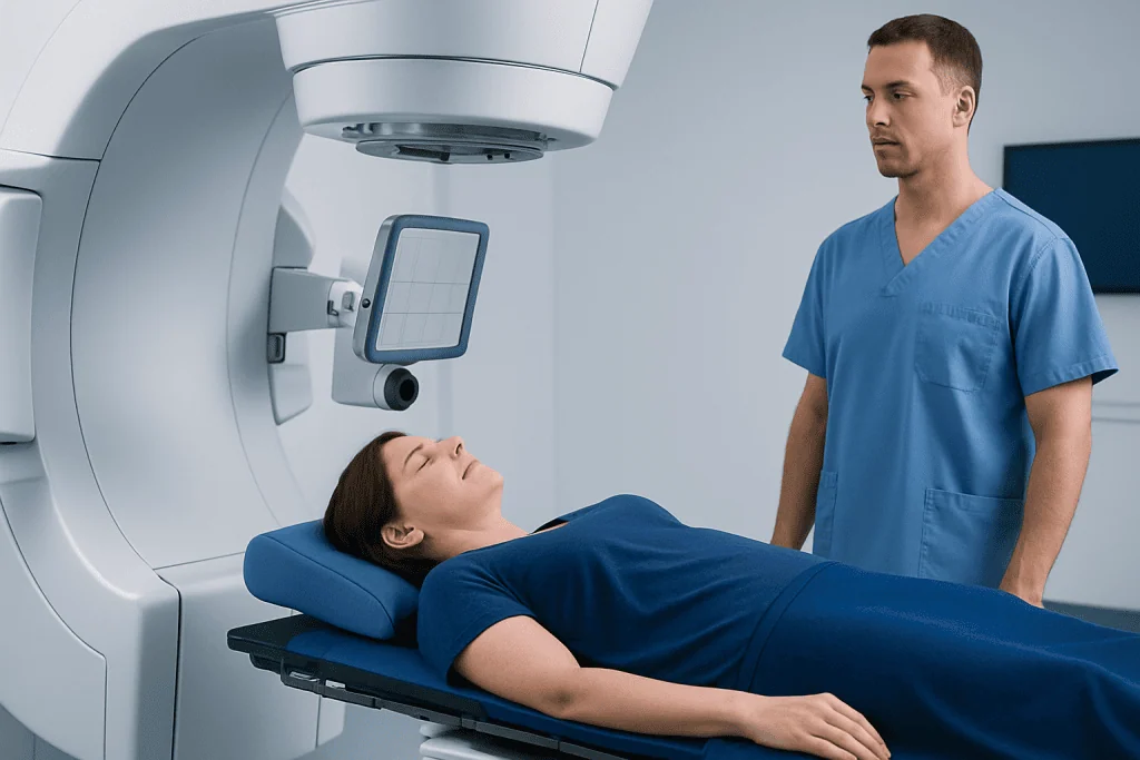 Patient undergoing full body radiation therapy with advanced medical equipment.