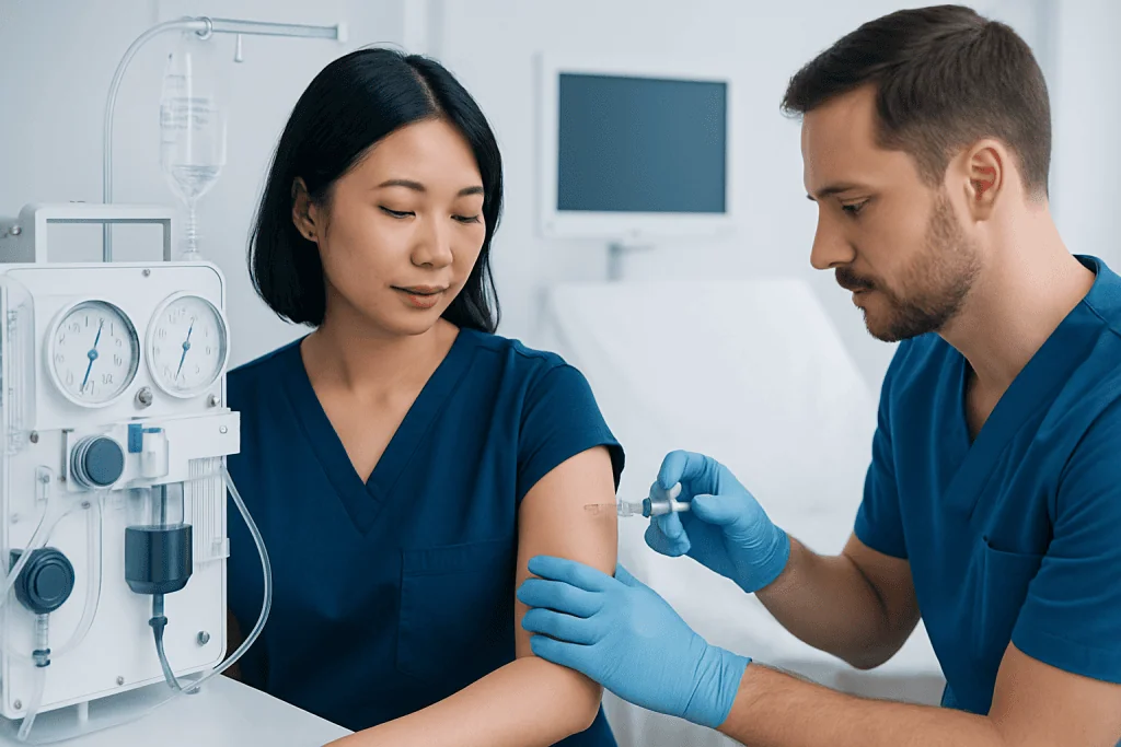Healthcare professionals administering G-CSF injection in a clinical setting.