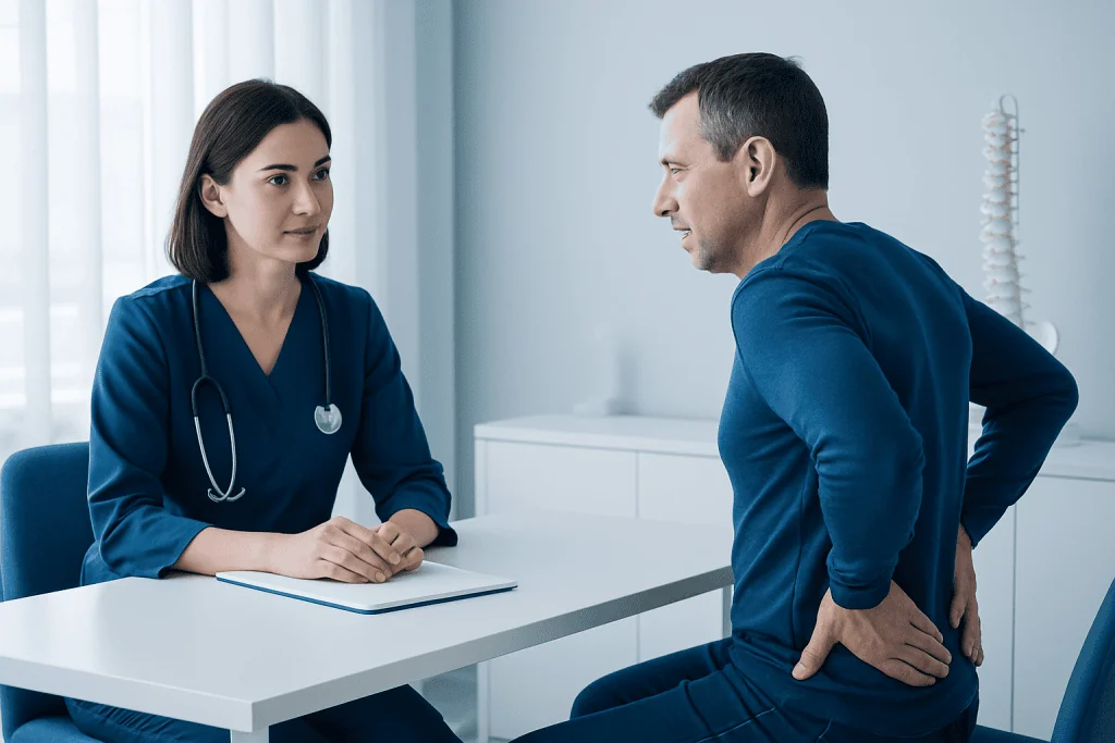 Doctor consulting patient about back pain in a clinical setting.