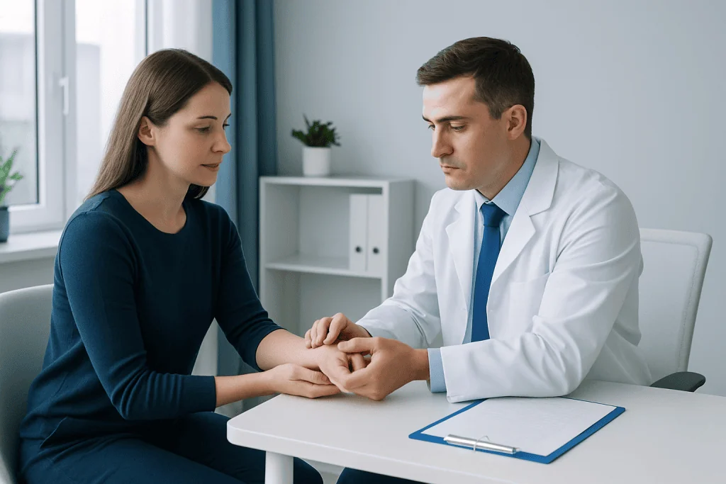 Doctor examining patient's wrist in a consultation room at Acibadem Hospitals.