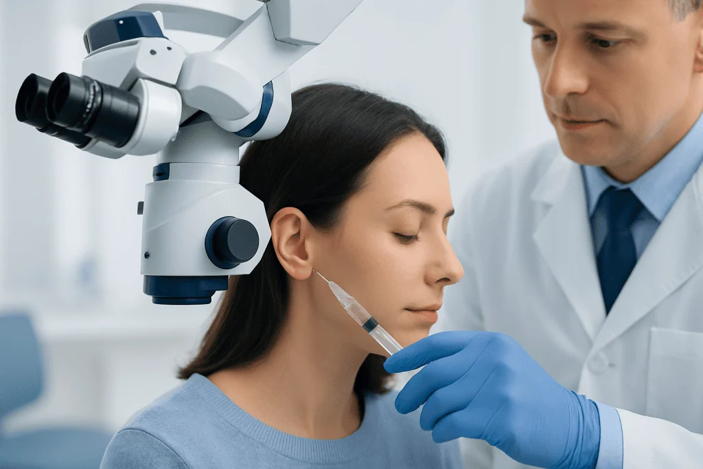 Doctor performs ear examination using advanced medical equipment.