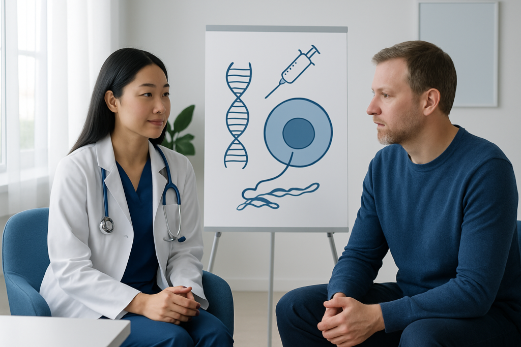Doctor and patient discussing gene therapy in a medical consultation room.