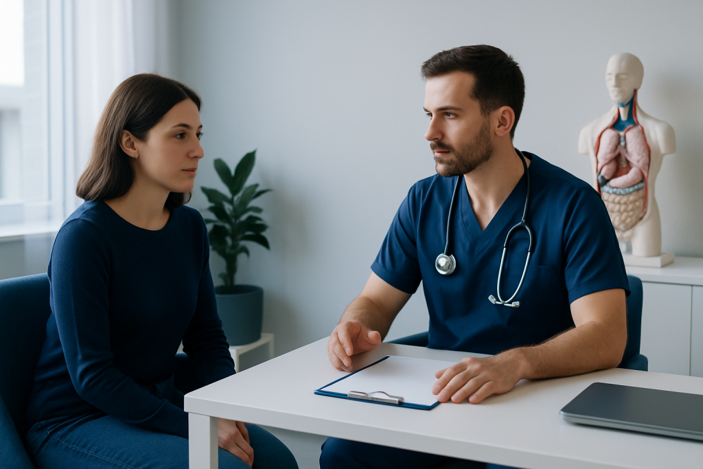 Doctor consulting female patient in a medical office at Acibadem Hospitals Group.