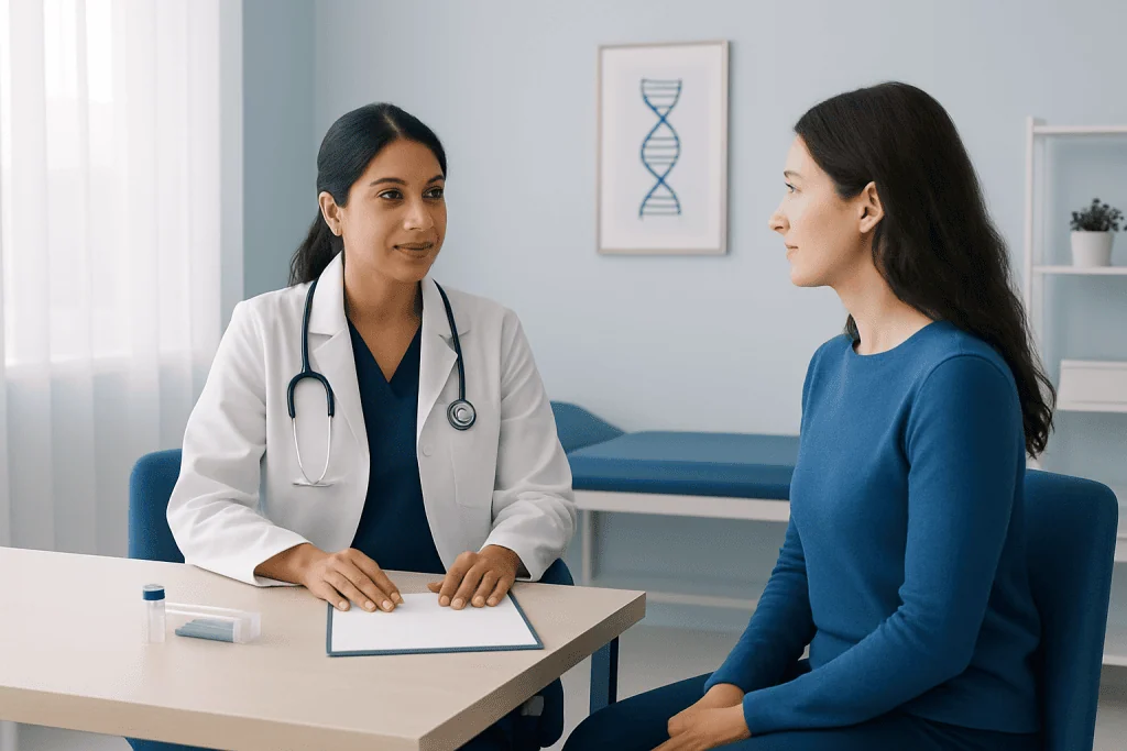 Doctor consulting with a patient in a modern medical office.