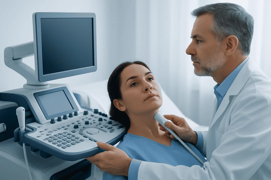 Doctor performing an ultrasound examination on a patient in a medical clinic.